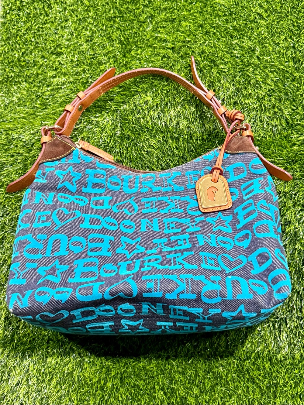Dooney & Bourke Denim Signature Logo Erica Hobo Shoulder Bag Blue Graffiti